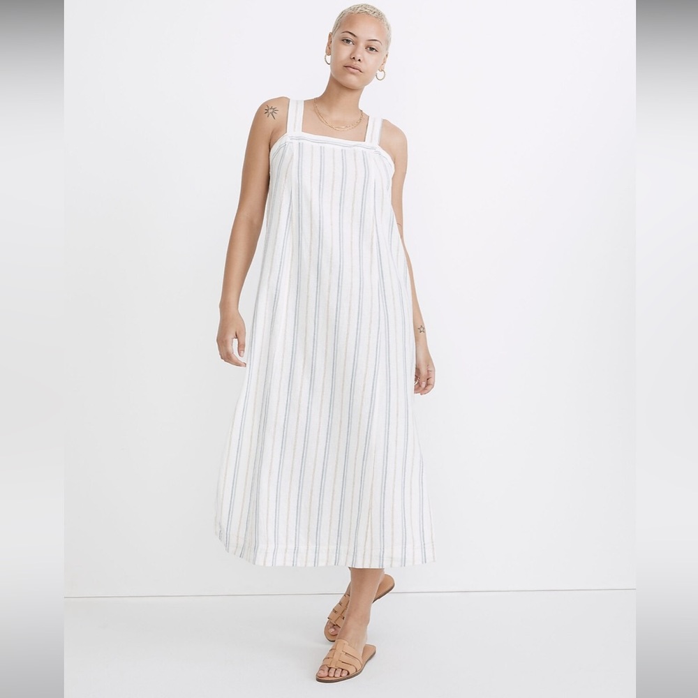 NWOT Madewell Linen-Cotton Princess-Seamed Midi Dress in Stripe - Size Medium
